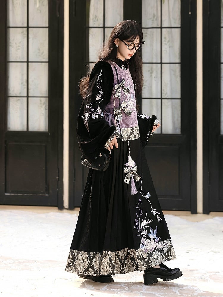 Oriental Embroidered Floral Blouse in Black & Purple with Fuzzy Trim Vest and Pleated Skirt - Han Ru Chu Hanfu &amp; Han-Element Studi