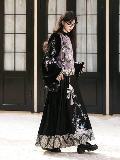 Oriental Embroidered Floral Blouse in Black & Purple with Fuzzy Trim Vest and Pleated Skirt - Han Ru Chu Hanfu &amp; Han-Element Studi