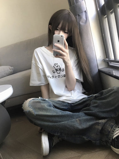 with Embellishment Crewneck White Sequins Wing Cotton T-shirt Pattern