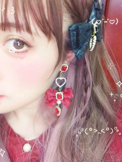 Bowknot Trim Earrings Rhinestone Red Heart Jirai Ruffle Kei