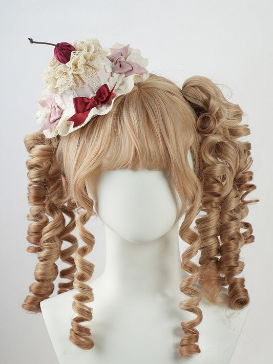 Sweet Lolita Pink Bows Cherry Cake Layered Lace Trim Mini Hat