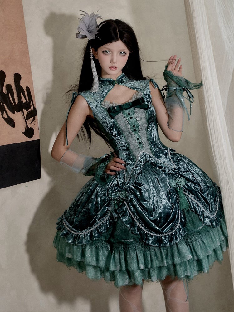 Green Cheongsam Collar Snake Bones Embroidery Velvet Sleeveless Top