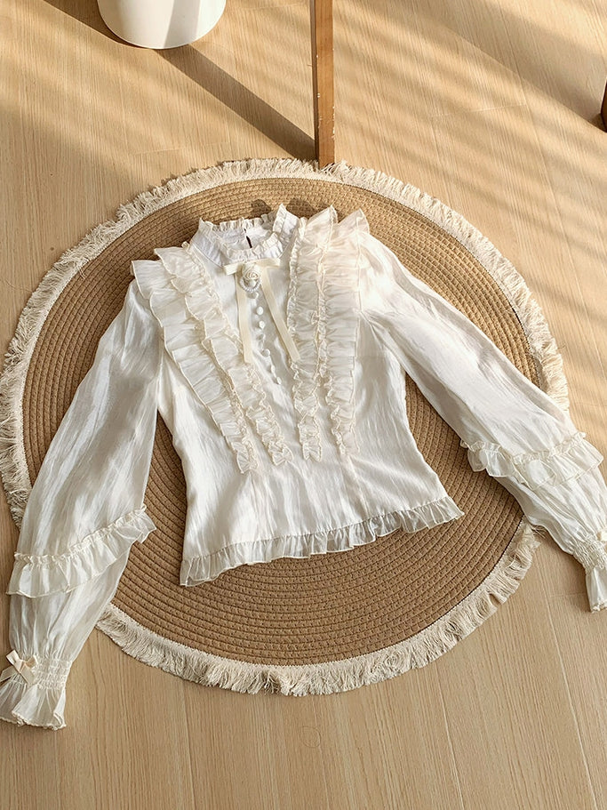 Beige Balloon Sleeve Blouse with Ruffle Accents and Rose Brooch - With PUJI