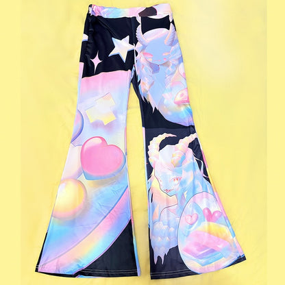 ファッションカラフルなギャルフレア漫画柄パンツ