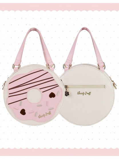 Donut Pink and White Round Crossbody Bag with Top Handle - Sheep Puff Bag