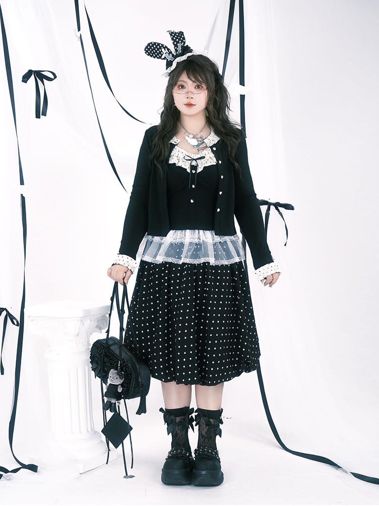 White Below-Knee Zipper with Side Plus Dots Skirt Black Size Polka