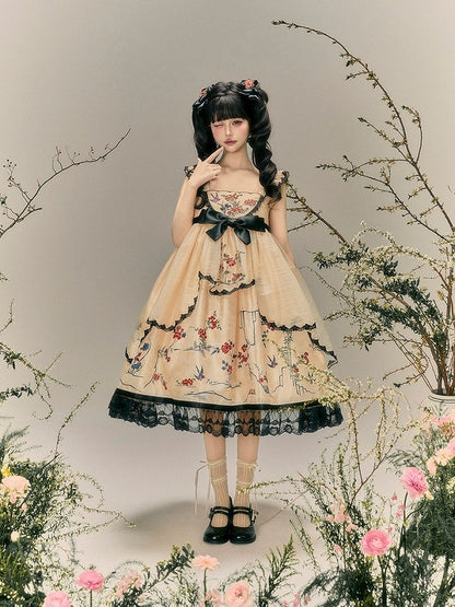 Hanfu Lolita Floral Bird Jumper Dress in Soft Yellow and Black - Yimu Walnut