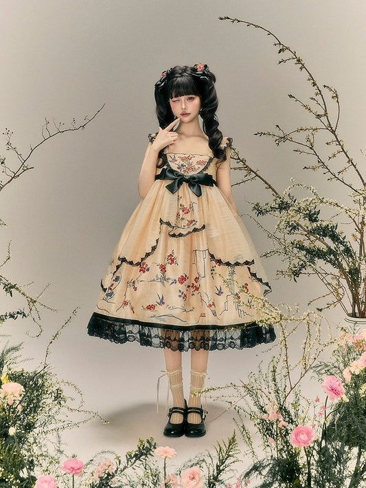 Hanfu Lolita Floral Bird Jumper Dress in Soft Yellow and Black - Yimu Walnut