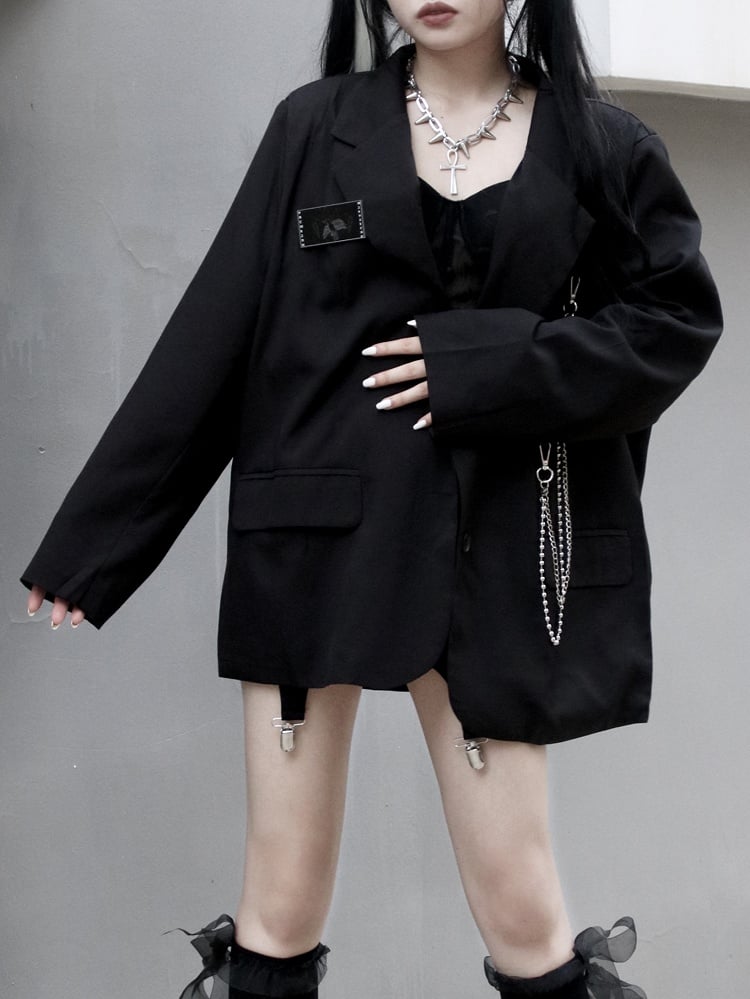 with Tag Black Detail Name Punk Silver Edgy Blazer Chain