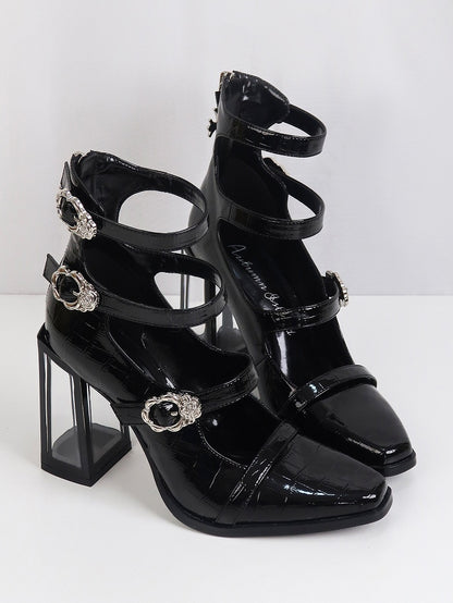 Polished Black Gothic Crocodile Buckle Straps High Block Heels