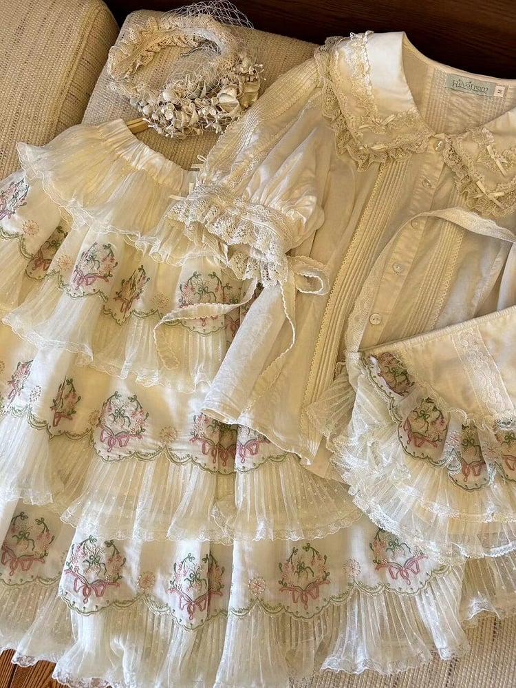 Skirt Flower Elegant Embroidery with Green Pink Details Tencel Lolita Multi-Layered