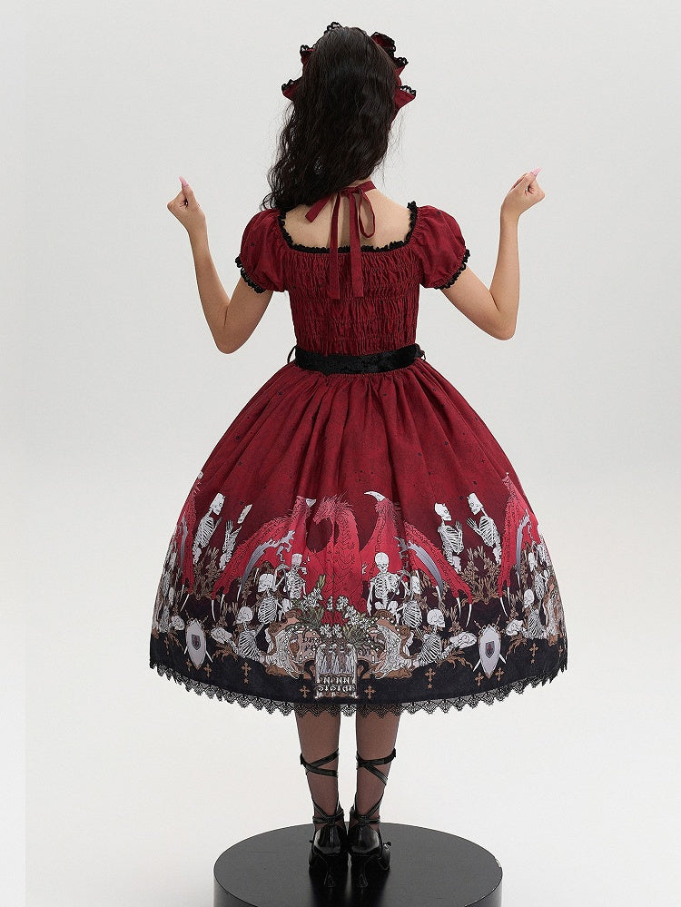 Lace Trim Black Dress Red Lolita and with Cross Print Skeleton Gothic