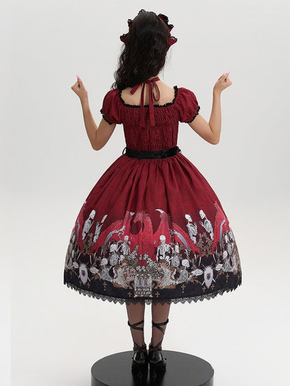 Lace Trim Black Dress Red Lolita and with Cross Print Skeleton Gothic