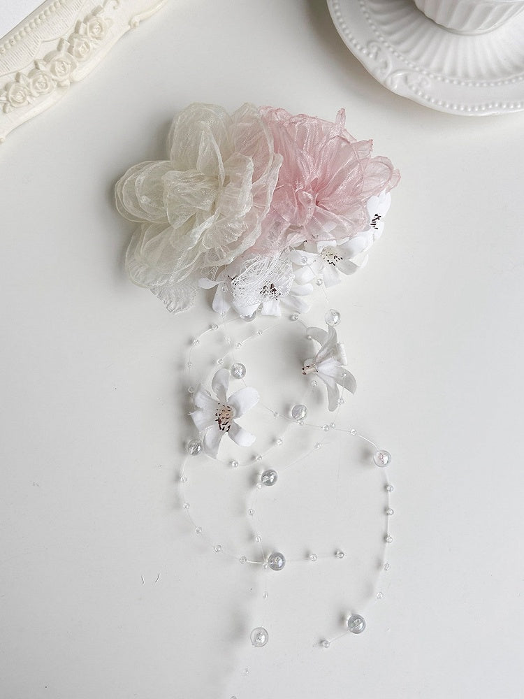 Pink/Green Flower Hairclip with Dewdrop Bead Chain - With PUJI