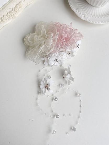 Pink/Green Flower Hairclip with Dewdrop Bead Chain - With PUJI