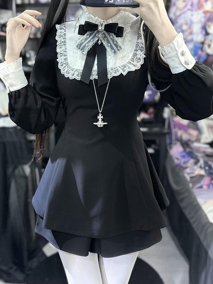 Set: Shorts Pointed Long Bow Black Gothic Tie Full White Landmine Faux Sleeve Detachable Collar Cape + Top Style