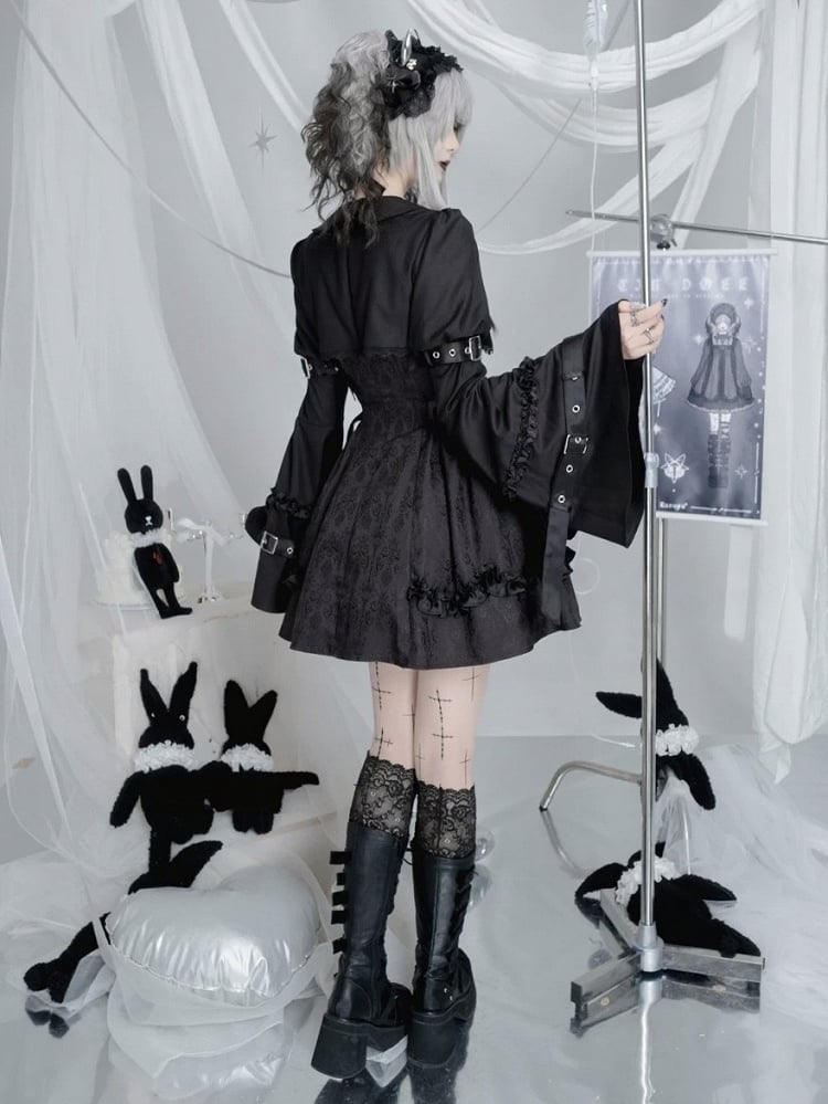 Black Gothic Lolita Bell Sleeve Dress with Lace and Metal Buckle Accents - Kuroya