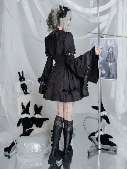 Black Gothic Lolita Bell Sleeve Dress with Lace and Metal Buckle Accents - Kuroya