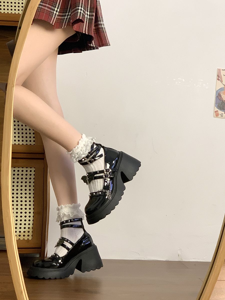 Japanese Punk Gothic Platform Mary Jane Heels – Round Toe Thick Sole Leather Shoes | LilyVow