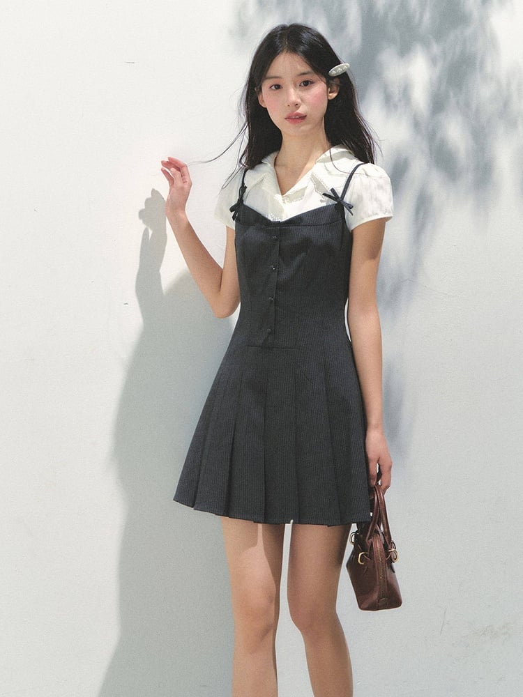 Dark Dress Elegant Bow Gray Details with Fake Two-Piece