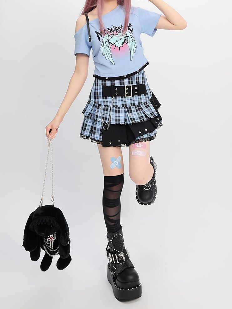 ウィングスプリント Y2K ライトブルー アシンメトリーネックライン ハート＆Tシャツ