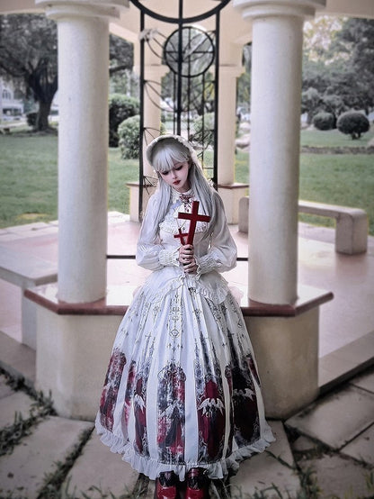 Skirt and White Set Angel Blouse Box Gothic Pleat Printed Ruffled Red