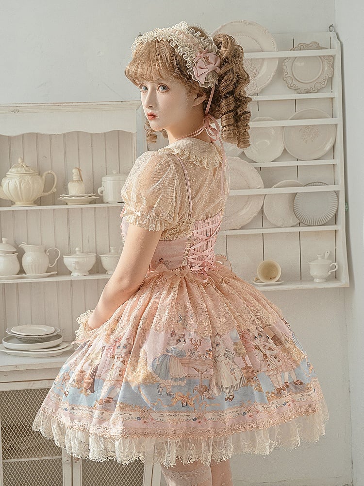 Pulloverkleid Rosa Mieder Süßes Korsett Partyrock Print Lolita Tea Kitty