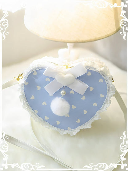 Beaded Heart-shaped Bag Plush Decorated Blue Heart Crossbody Bunny Design Pompon With Pattern