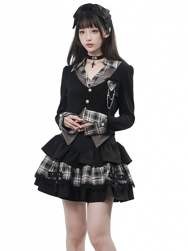 Vintage Kawaii Black & Gray Plaid Faux Two-Piece Knit Shirt with Heart Brooch - PINK SAVIOR