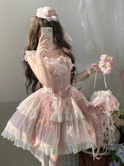 Pink Dress Princess and Jellyfish Lolita Button Jumper Blossom with Corset Accents Frog Print Pear Skirt