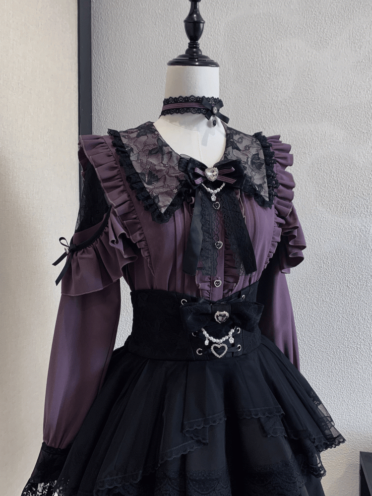 Kei-Kragen Gothic Schwarz und Stil Spitze Bluse: Dunkelviolette Ausschnitte mit Royal Lace Jirai