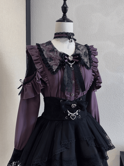 Kei-Kragen Gothic Schwarz und Stil Spitze Bluse: Dunkelviolette Ausschnitte mit Royal Lace Jirai