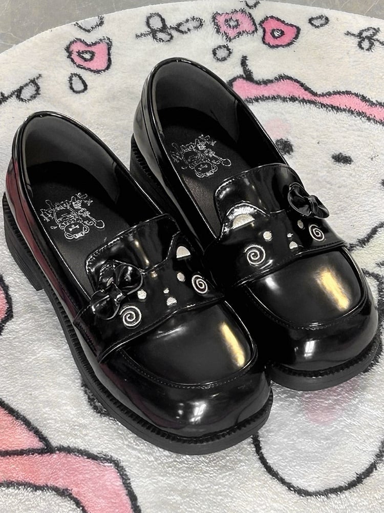 PU Black Loafers in Preppy Style with Bear Theme & Bow Decor