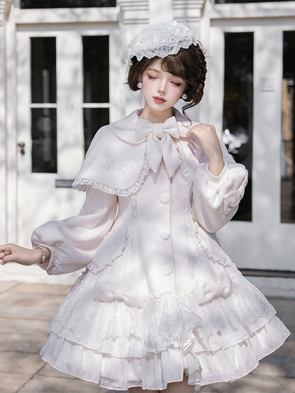 Snow White Heart Lace Applique Sweet Lolita Winter Overcoat - Dream Magic Box
