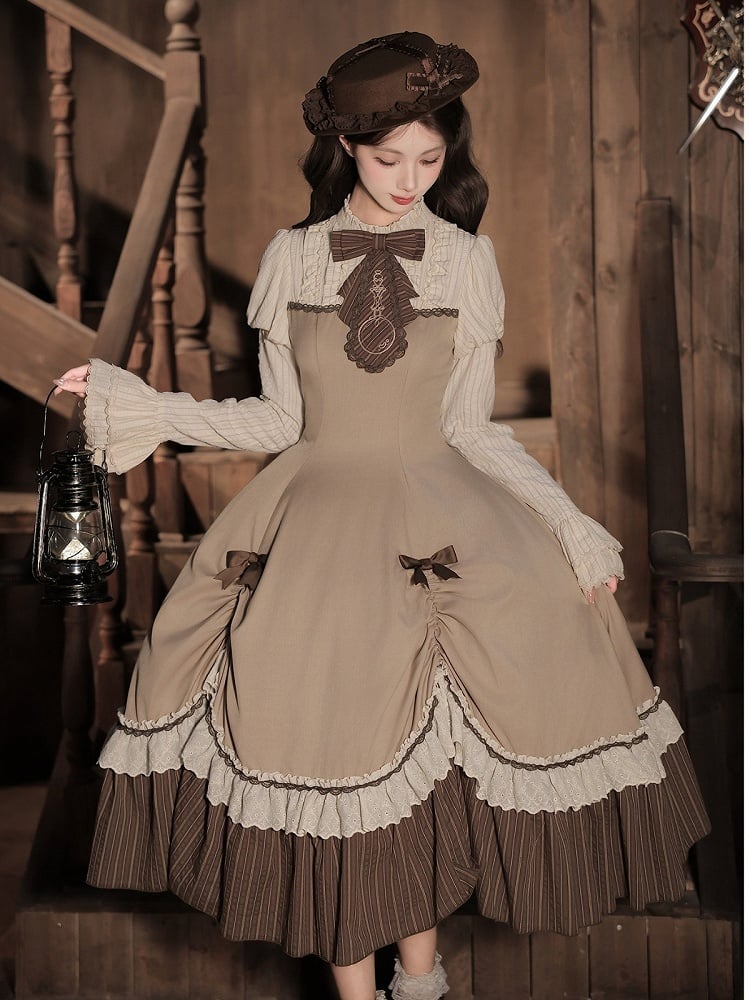 Brown Striped Faux Two-Piece Lolita Dress Outfit with Cape, Jabot & Mini Hat - With PUJI