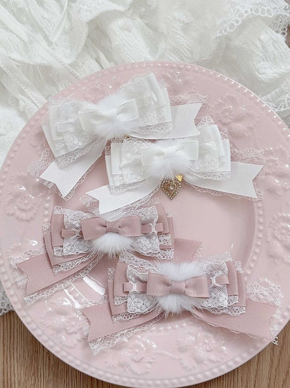 Heart Jirai Charm Colors Bow Hair 6 Furry Clip with Multi-Layered Lace Kei