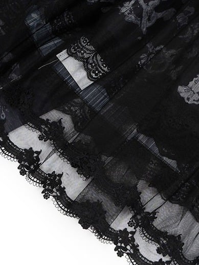 Black Floral Embroidery Flutter Sleeve Lace Trim Lolita Overlay Dress with Bow - Yimu Walnut