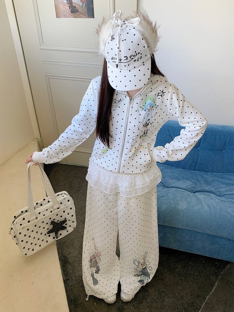 Design Pattern Polka-dot Pants Cartoon Girl Wide-leg White with Pull-on