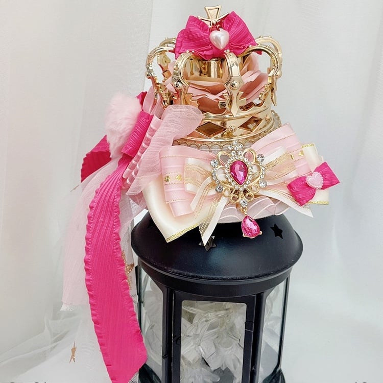 ピンクホワイト詳細ラインストーンチャームクラウンジライミニケイハットちょう結び