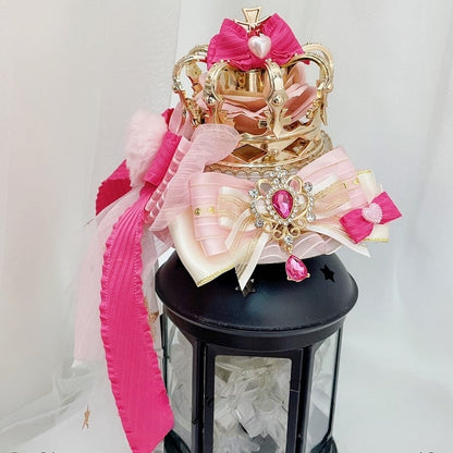 ピンクホワイト詳細ラインストーンチャームクラウンジライミニケイハットちょう結び