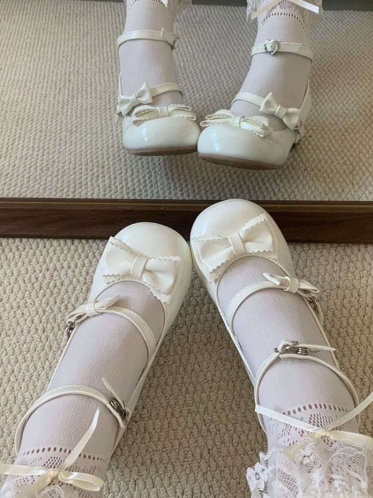 Janes Heel Bow White with Low/Mid Mary Sweet - Accents Lolita Delicate PU