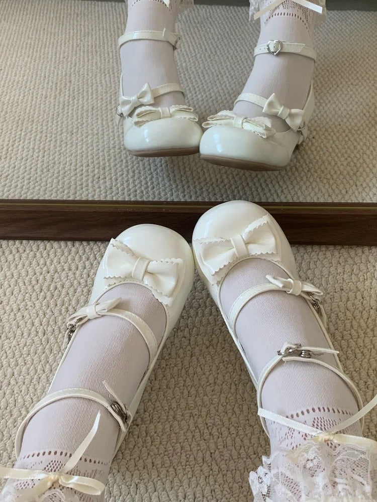 Mary Accents Bow White PU Delicate - Heel Lolita Janes with Sweet Low/Mid