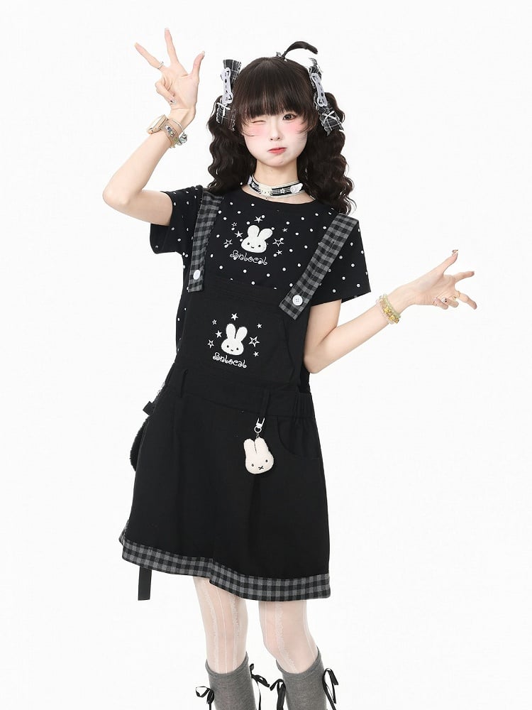 Black Plaid Overall Shorts with Bunny Embroidery - Languid Park