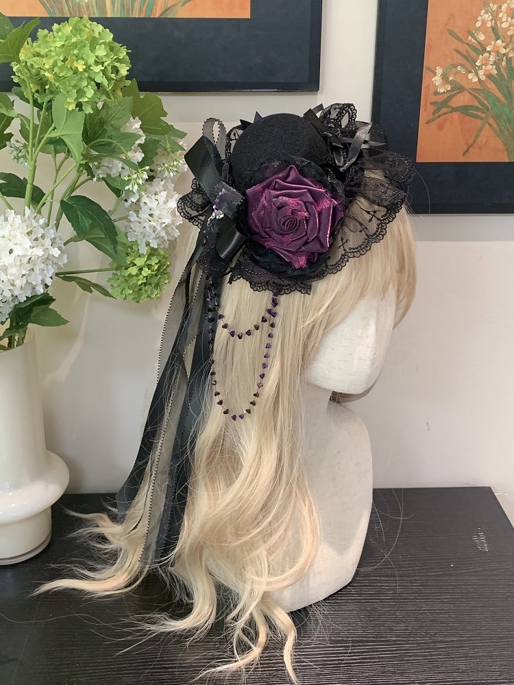 Red/Blue/Purple Lolita Mini Hat Decorated Black Rose Trimmed Lace Gothic