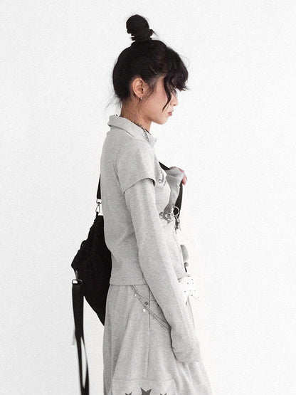 Gray Sleeve Long Two-piece - Print Top Bunny
