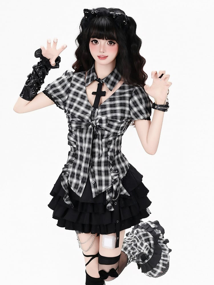 Dark Kawaii Black & White Plaid Detachable Collar Puff Sleeve Blouse with Ruffle Trim - CRAZY GIRL