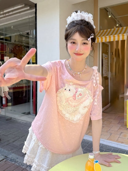 Sweet Cat Applique T-Shirt Pink Asymmetrical Neckline