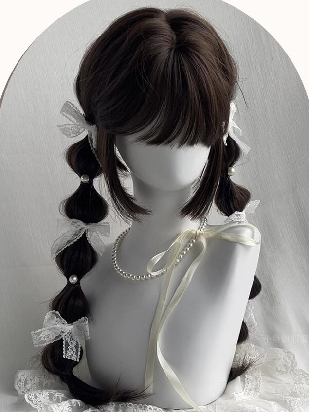 ブラウン/ブラック ロングストレート 姫カット 合成ウィッグ 前髪付き