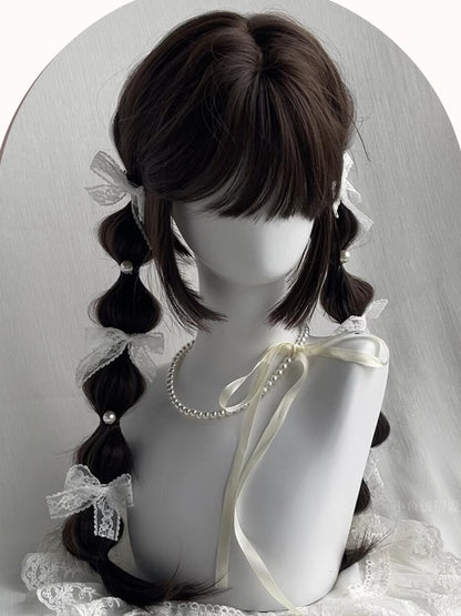 ブラウン/ブラック ロングストレート 姫カット 合成ウィッグ 前髪付き