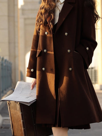 Brown Notched Collar Double-Breasted Woolen Coat